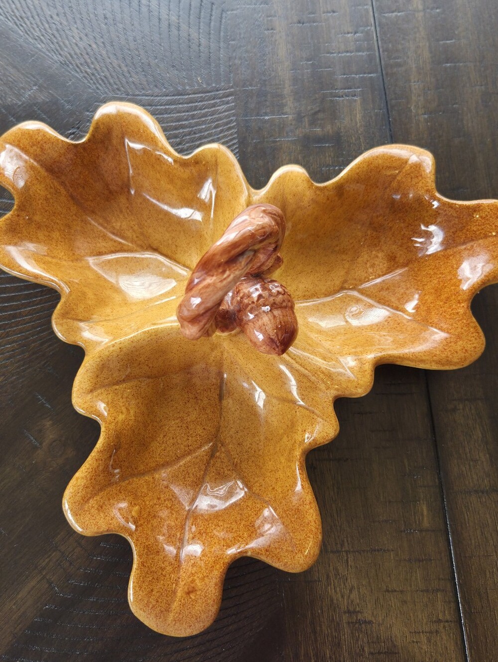 Vintage Mid-Century Speckled Mustard Ceramic Leaf Candy Dish with Acorn Handle